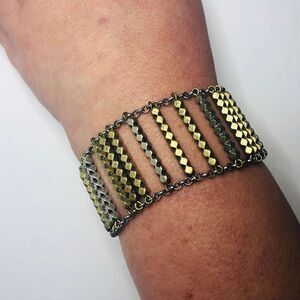 371 Lucky Brand boho wide silvertone & goldtone station link bracelet 7"-8"